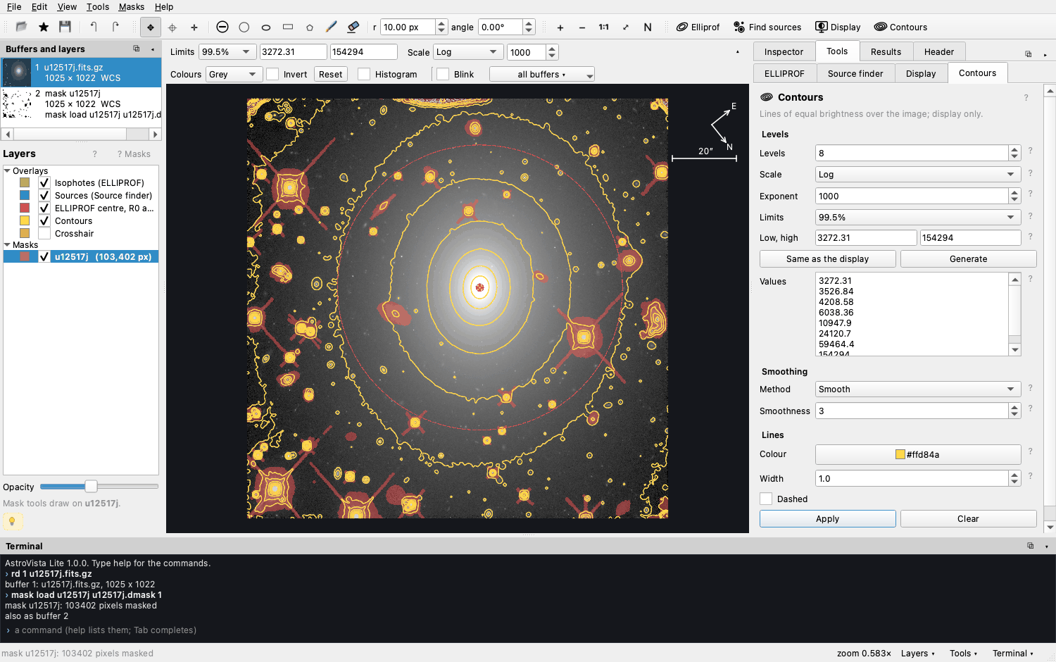 Yellow contour lines over the galaxy, with the Contours tool open on the right