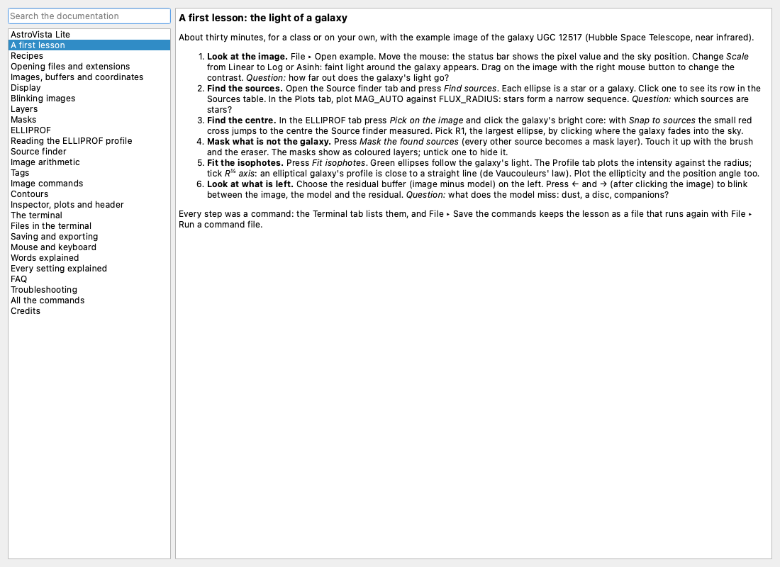 The built-in documentation window showing the first lesson