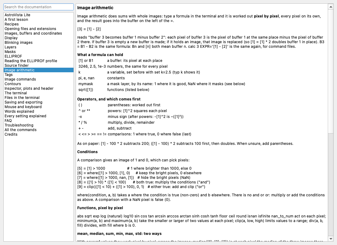 The image arithmetic page of the built-in documentation