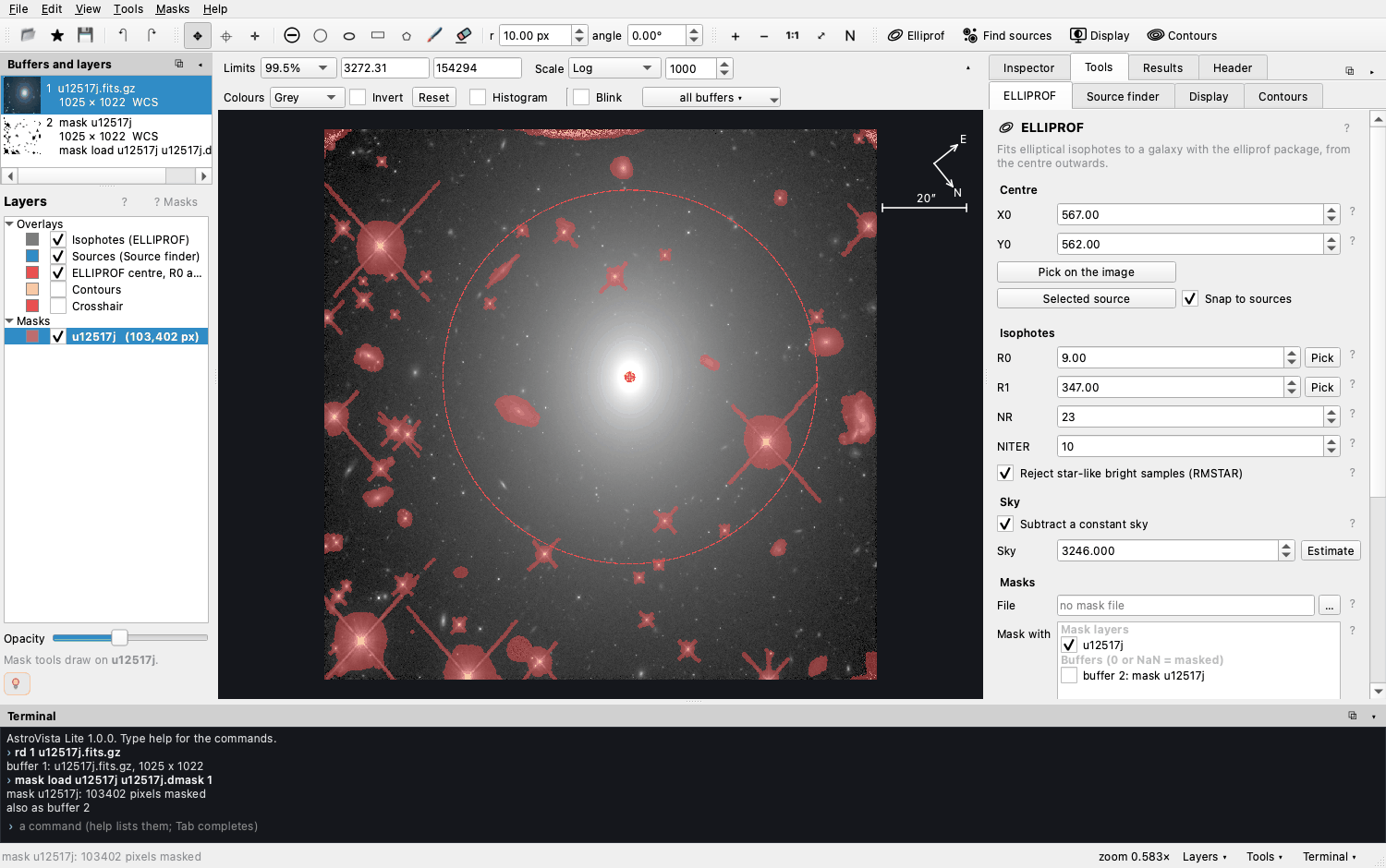 The example image of UGC 12517 opened, with the published mask in red