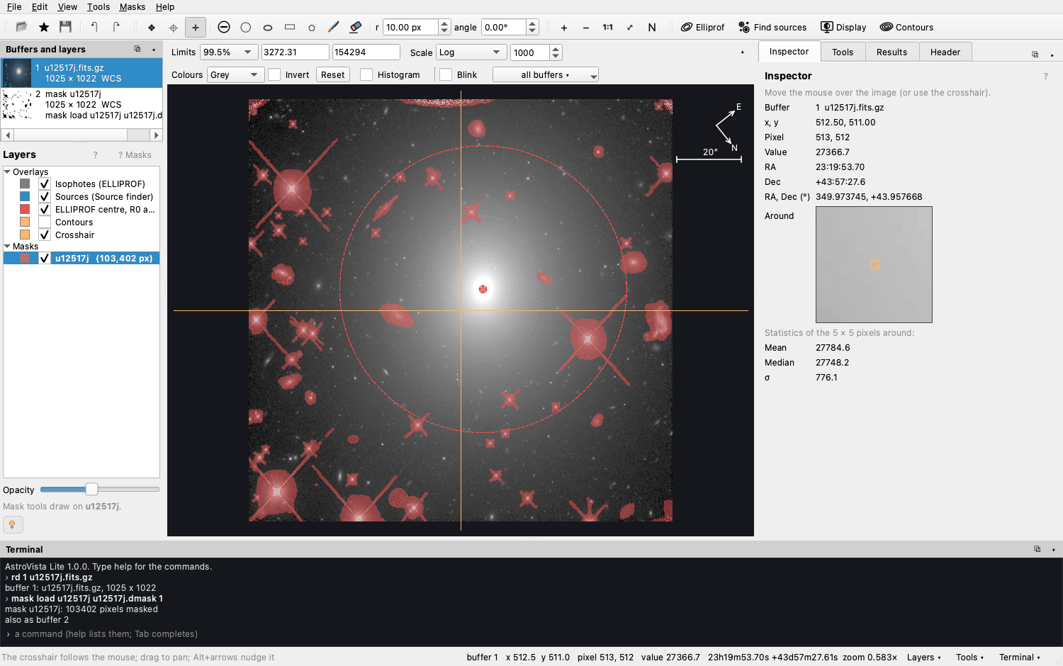 The crosshair over the galaxy and the Inspector showing the pixel value, RA and Dec and a magnified view