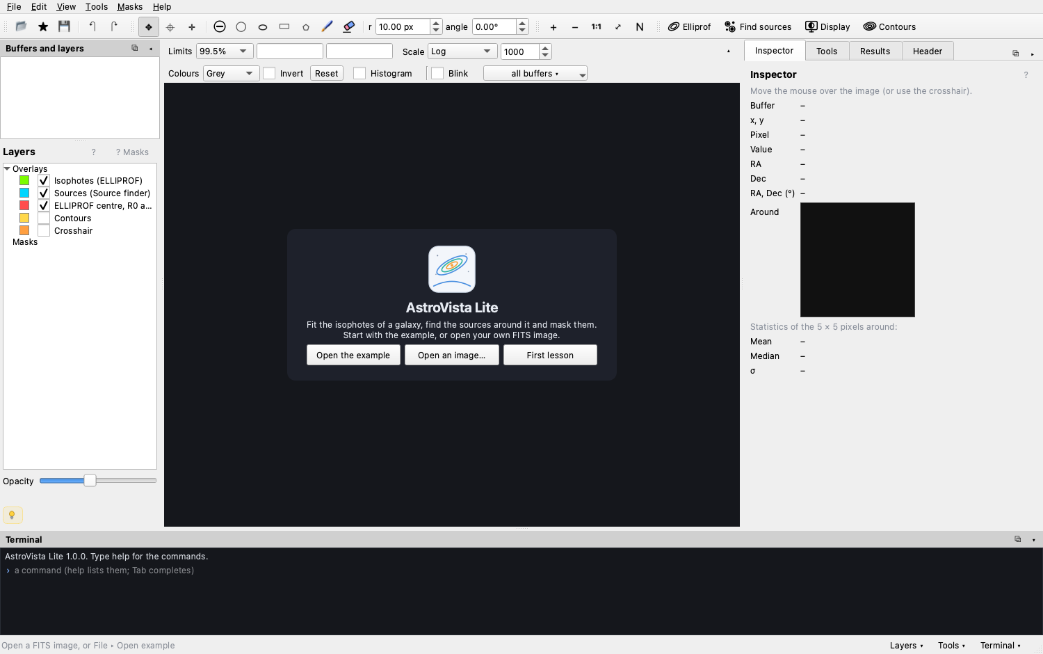 The welcome screen with buttons to open the example, open an image, or start the first lesson